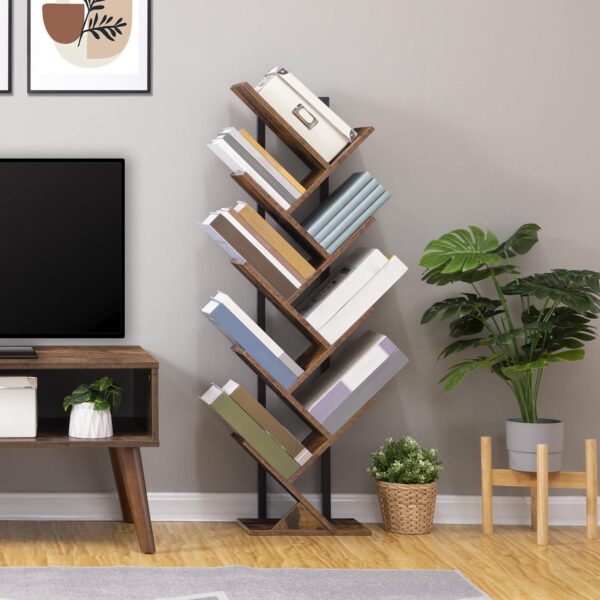 bibliothèque en forme d'arbre, 9-étagères en bois de bibliothèque de niveau, Rack de rangement debout au sol, pour l'affichage des CD, Livres dans le salon, bureau à domicile, Rack de rangement en bois pour chambre à coucher, marron rustique