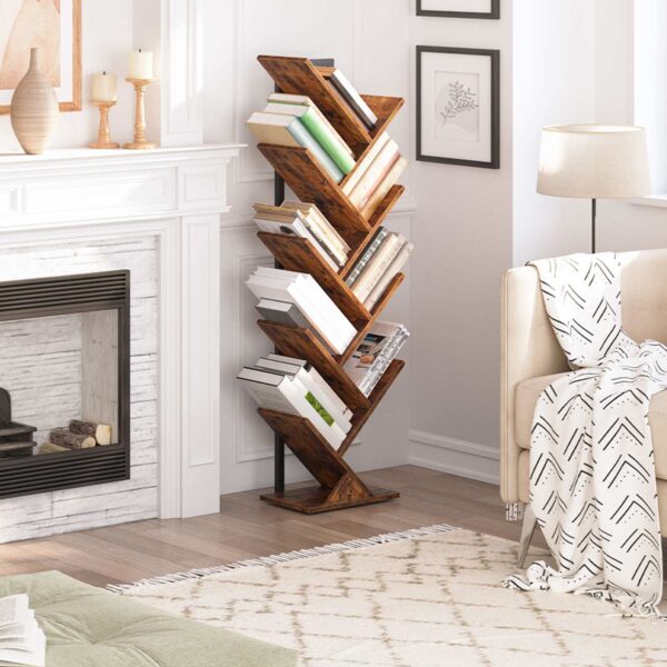 bibliothèque en forme d'arbre, 9-étagères en bois de bibliothèque de niveau, Rack de rangement debout au sol, pour l'affichage des CD, Livres dans le salon, bureau à domicile, Rack de rangement en bois pour chambre à coucher, marron rustique