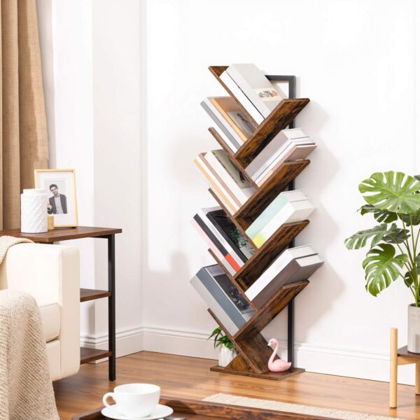 bibliothèque en forme d'arbre, 9-étagères en bois de bibliothèque de niveau, Rack de rangement debout au sol, pour l'affichage des CD, Livres dans le salon, bureau à domicile, Rack de rangement en bois pour chambre à coucher, marron rustique