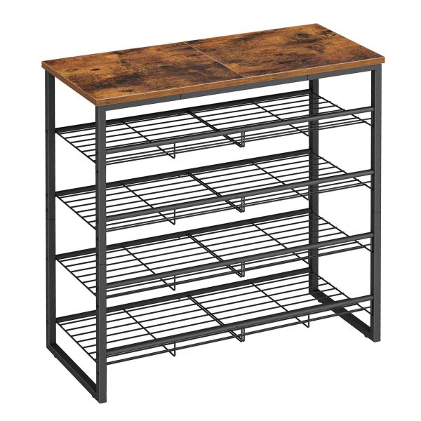 5-Tier Adjustable Shoe Rack, Multi-Position Storage Organizer with Flat/Slanted Shelves, Holds 16-20 Pairs, Durable Particleboard & Iron Construction for Entryway & Closet, Rustic Brown & Black