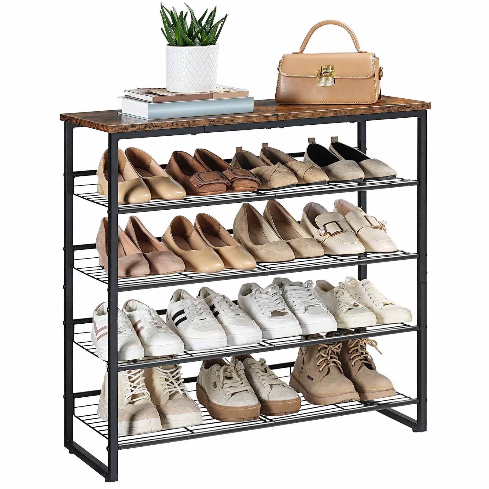 5-Tier Adjustable Shoe Rack, Multi-Position Storage Organizer with Flat/Slanted Shelves, Holds 16-20 Pairs, Durable Particleboard & Iron Construction for Entryway & Closet, Rustic Brown & Black
