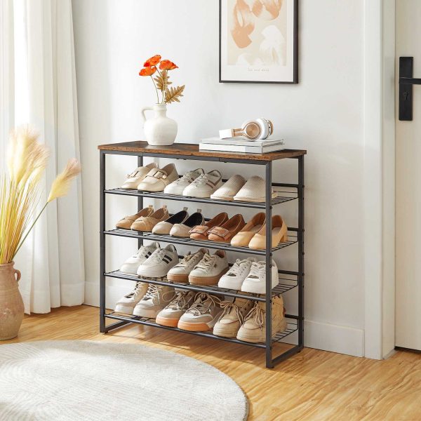 5-Tier Adjustable Shoe Rack, Multi-Position Storage Organizer with Flat/Slanted Shelves, Holds 16-20 Pairs, Durable Particleboard & Iron Construction for Entryway & Closet, Rustic Brown & Black