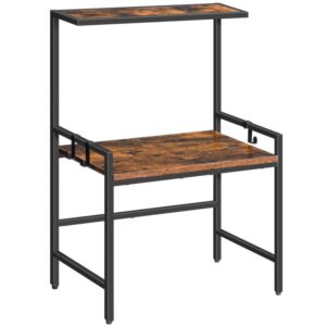 microwave oven rack, microwave stand countertop, kitchen countertop shelf organizer, microwave shelf with hooks, space saver, for kitchen, living room, rustic brown and black