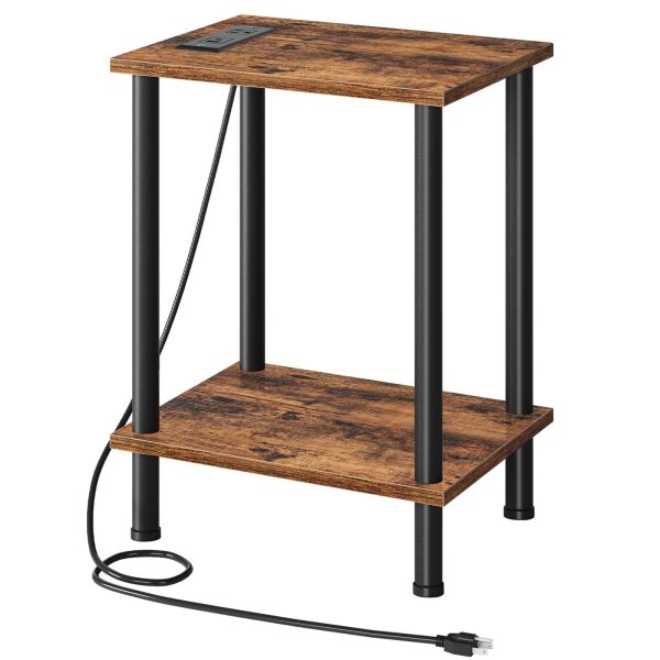 Multifunctional Side Table with Charging Station, End Table Equipped with USB Ports and AC Outlet, Nightstand with 2-Layer Storage Shelves for Small Spaces, Rustic Brown, Stable Structure