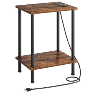 Beistelltisch mit Ladestation, Endtabelle mit USB -Anschlüssen und Outlet, Nachttisch mit 2-layerer Lagerregalen für kleine Räume, Wohnzimmer, Schlafzimmer, stabiler Rahmen, rustikales Braun