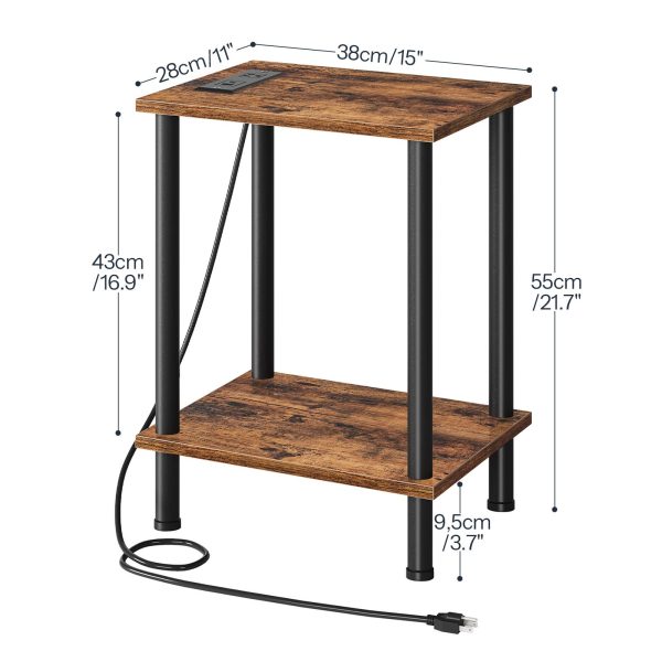 Multifunctional Side Table with Charging Station, End Table Equipped with USB Ports and AC Outlet, Nightstand with 2-Layer Storage Shelves for Small Spaces, Rustic Brown, Stable Structure
