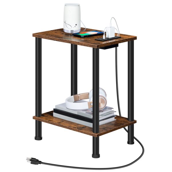 Multifunctional Side Table with Charging Station, End Table Equipped with USB Ports and AC Outlet, Nightstand with 2-Layer Storage Shelves for Small Spaces, Rustic Brown, Stable Structure