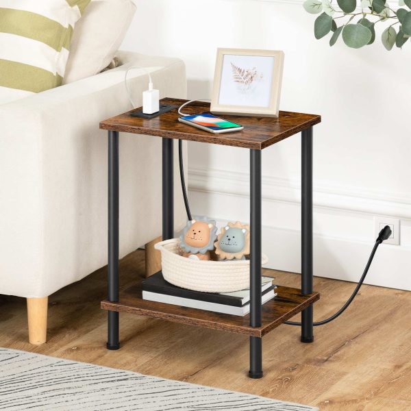 Multifunctional Side Table with Charging Station, End Table Equipped with USB Ports and AC Outlet, Nightstand with 2-Layer Storage Shelves for Small Spaces, Rustic Brown, Stable Structure