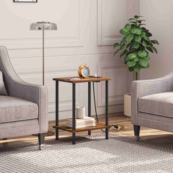Multifunctional Side Table with Charging Station, End Table Equipped with USB Ports and AC Outlet, Nightstand with 2-Layer Storage Shelves for Small Spaces, Rustic Brown, Stable Structure