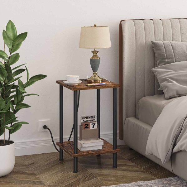Multifunctional Side Table with Charging Station, End Table Equipped with USB Ports and AC Outlet, Nightstand with 2-Layer Storage Shelves for Small Spaces, Rustic Brown, Stable Structure