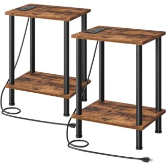 Side/End Table with Charging Station, Set of 2 with USB Ports and Outlets, Nightstand with 2-Layer Storage Shelves for Small Spaces, Living Room, Bedroom, Rustic Brown
