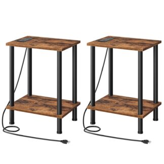 2-Ensemble de table d'appoint avec station de recharge, Table de nuit avec ports USB, Prise secteur et étagères de rangement à 2 niveaux, pour les petits espaces, Salon & Chambre à coucher, Brun rustique