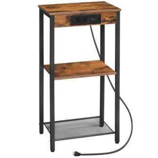 Tavolino alto con stazione di ricarica e porte USB, 3-Tavolo telefonico di livello, Piccolo tavolo da ingresso, Comodino stretto per piccoli spazi nel soggiorno, Camera da letto, Corridoio, Marrone rustico