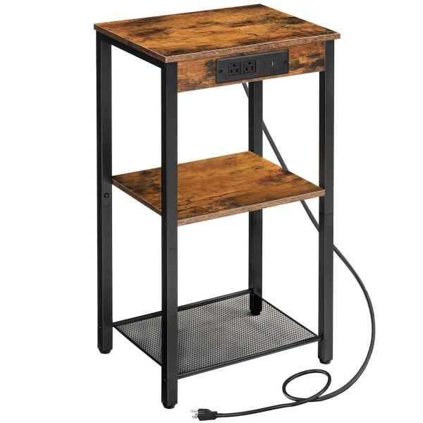 3-Высокий торцевой столик Tier со встроенной зарядной станцией, Узкий приставной столик с розетками переменного тока & USB-порты, Многофункциональное решение для хранения вещей в небольших помещениях в гостиной, Спальня & Коридор, Рустик Браун