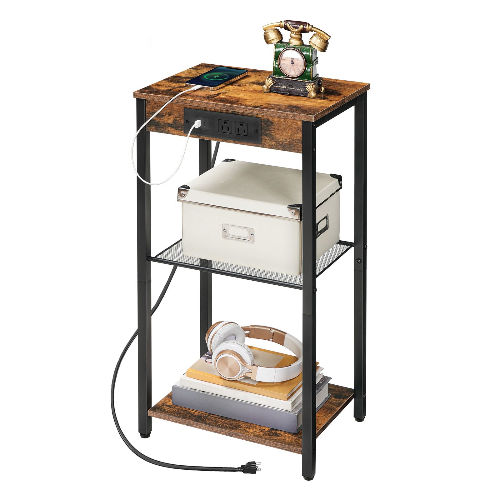 3-Tier Tall End Table with Integrated Charging Station, Narrow Side Table with AC Outlets & USB-порты, Multi-Functional Storage Solution for Small Spaces in Living Room, Спальня & Коридор, Рустик Браун