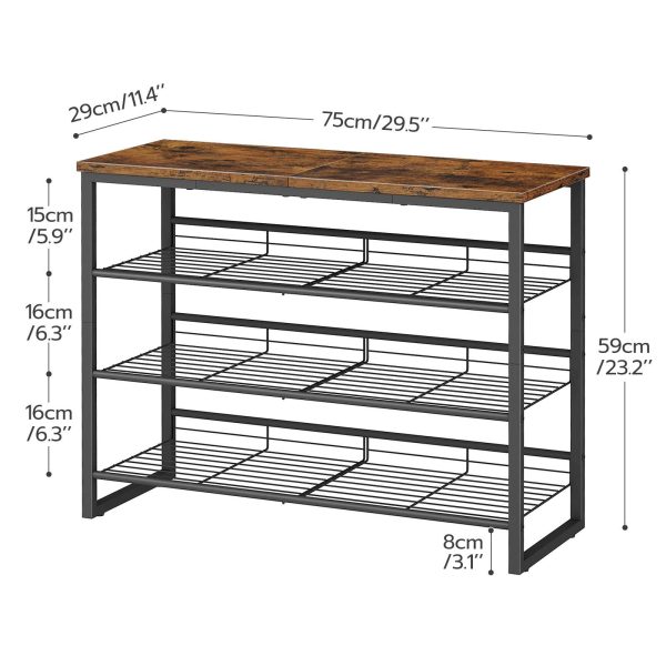 4-Nastavitelný stojan na boty, Víceúčelový organizér na ukládání bot s plochými/šikmými policemi, 9-12 Kapacita párů, Robustní & Odolný, Vhodné pro vchod & Skříň, Rustikální hnědá & Černý
