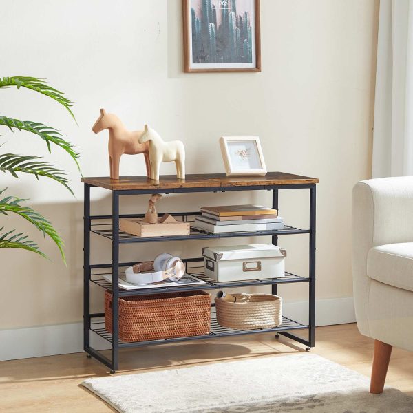 4-Nastavitelný stojan na boty, Víceúčelový organizér na ukládání bot s plochými/šikmými policemi, 9-12 Kapacita párů, Robustní & Odolný, Vhodné pro vchod & Skříň, Rustikální hnědá & Černý