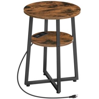 Ronde zijtafel met laadstation, 2-Tier round eindtafel met stevig X-vormig metalen frame, 21.7" H rond nachtkastje, voor woonkamer, slaapkamer, balkon, kantoor, rustiek bruin