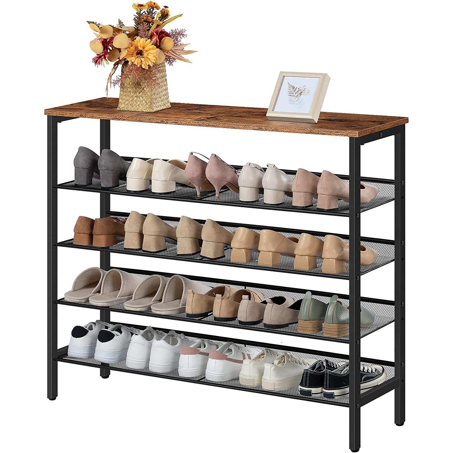 5-Niveau schoenenrek, Verstelbare schuine/platte plank schoenenorganizer, Stevig opbergmeubel in industriële stijl, Geschikt voor entree & Gang, Rustiek bruin