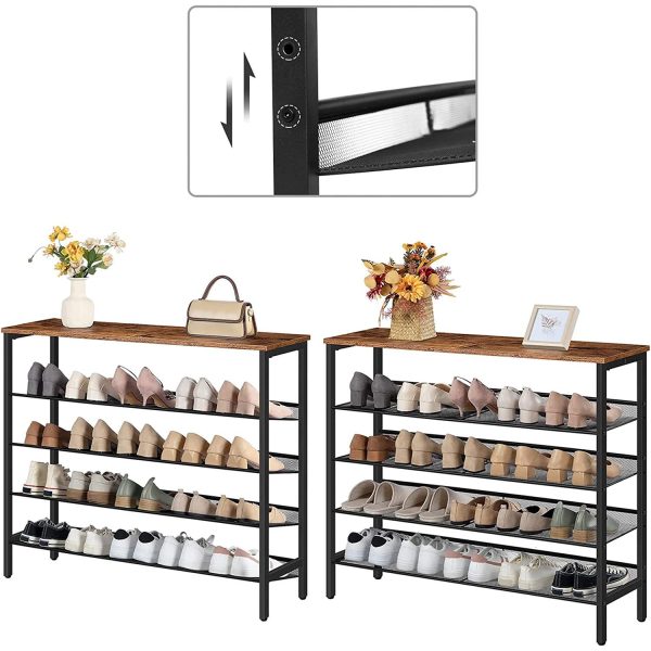 5-Niveau schoenenrek, Verstelbare schuine/platte plank schoenenorganizer, Stevig opbergmeubel in industriële stijl, Geschikt voor entree & Gang, Rustiek bruin