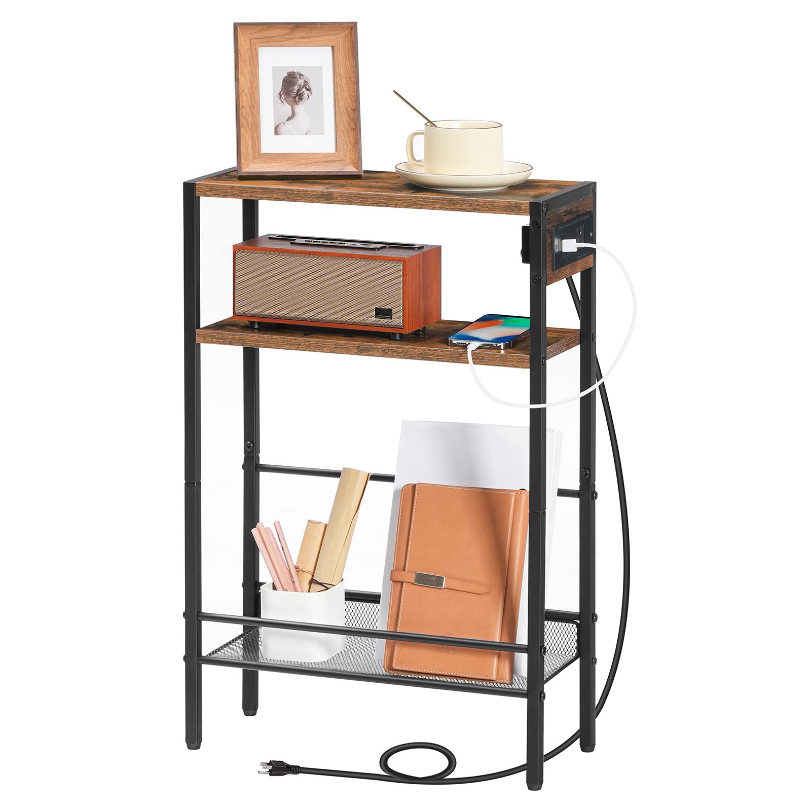 Slim Narrow Side Table with Integrated Charging Module, Space-Saving End Table with USB Ports & Tomada elétrica, Multi-Functional Storage Shelf for Small Spaces, Marrom Rústico & Black Finish