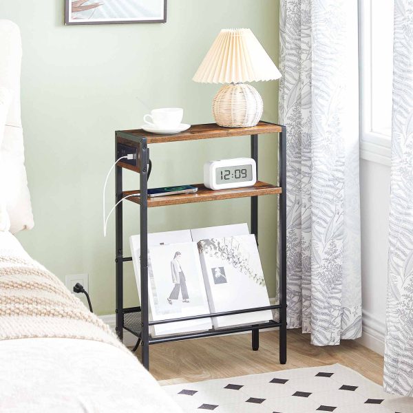 Slim Narrow Side Table with Integrated Charging Module, Space-Saving End Table with USB Ports & Tomada elétrica, Multi-Functional Storage Shelf for Small Spaces, Marrom Rústico & Black Finish