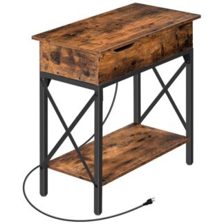 lift top end table with charging station, narrow nightstand with usb ports & power outlets, x-shaped side table, durable and stable, for office, living room, bedroom, rustic brown