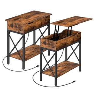 set of 2 end tables with charging station, narrow nightstand with lift top & usb ports & power outlets, x-shaped side table for office, living room, bedroom, rustic brown