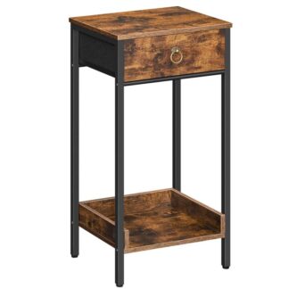 طاولة نهاية مع رف التخزين ودرج القماش, منضدة صناعية, 23.6 طاولة جانبية طويلة القامة, طاولة بجانب السرير لغرفة المعيشة وغرفة النوم, ريفي البني والأسود