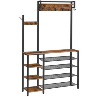 Drzewo przedpokój z ławką i schowkiem na buty, Ławka przedpokojowa z wieszakiem na ubrania, Wieszak na buty i płaszcze do przedpokoju, Wieszak na ubrania ze schowkiem na buty i dwustronnymi półkami do przechowywania, Rustykalny brąz