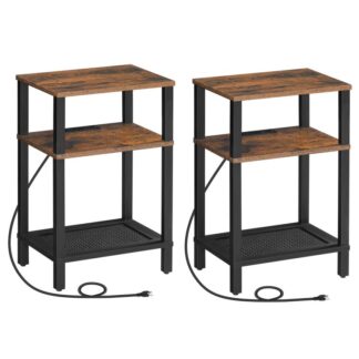 طاولة جانبية مع محطة شحن, مجموعة من 2 طاولات نهاية مع منافذ ومنافذ USB, 3-رفوف تخزين الطبقة منضدة, طاولة أريكة لغرفة النوم, غرفة الجلوس, ريفي البني والأسود