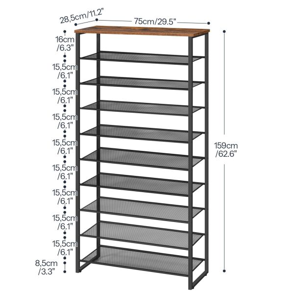 10-Tier Shoe Rack, Large-Capacity Shoe Storage Organizer, Shoe Storage Unit for 27-36 Pairs of Shoes, Tall Shoe Shelf with Detachable Metal Mesh, Rustic Brown