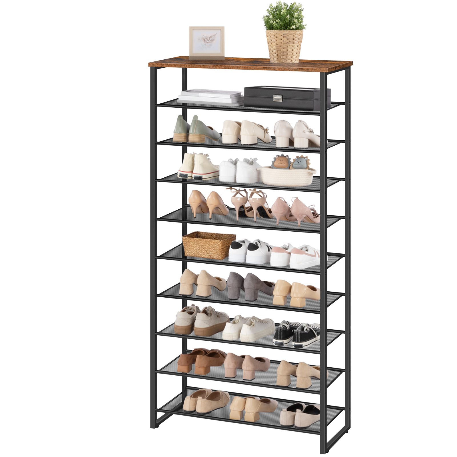 10-Tier Shoe Rack, Large-Capacity Shoe Storage Organizer, Shoe Storage Unit for 27-36 Pairs of Shoes, Tall Shoe Shelf with Detachable Metal Mesh, Rustic Brown