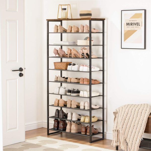 10-Tier Shoe Rack, Large-Capacity Shoe Storage Organizer, Shoe Storage Unit for 27-36 Pairs of Shoes, Tall Shoe Shelf with Detachable Metal Mesh, Rustic Brown