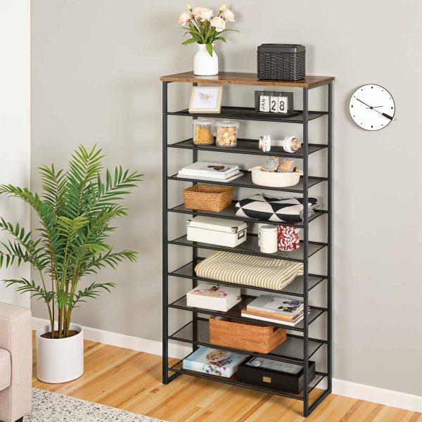 10-Tier Shoe Rack, Large-Capacity Shoe Storage Organizer, Shoe Storage Unit for 27-36 Pairs of Shoes, Tall Shoe Shelf with Detachable Metal Mesh, Rustic Brown