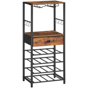 wine rack, 16-bottle wine rack freestanding floor, wine storage rack with non-woven fabric and hooks, wine rack table, bar cabinet for kitchen, dining room, bar, rustic brown and black