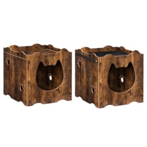 hidden cat house furniture with cat head opening, cat litter box enclosure with wooden & thickened non-woven fabric top, indoor cat litter storage cabinet (set of 2), rustic brown