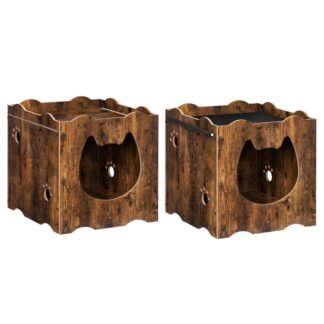 أثاث بيت القط المخفي مع فتح رأس القط, حاوية صندوق القمامة القط مع خشبي & قمة النسيج غير المنسوجة سميكة, خزانة تخزين القمامة القط الداخلي (مجموعة من 2), بني ريفي