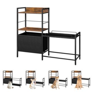 وعاء الكلب المرتفع مع التخزين, حامل طعام الكلاب المرتفع مع سلة ورفوف لألعاب الكلاب, محطة التغذية مع 4 ارتفاعات قابلة للتعديل, للكلاب الصغيرة/المتوسطة/الكبيرة, بني أسود وريفي