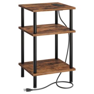 end table with charging station, tall side table, 3-layer stackable nightstand, 23.2 inches stable end table for small space in bedroom, living room, industrial style, rustic brown