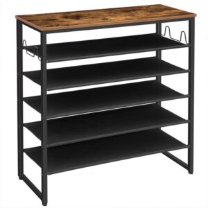 6-Tier Shoe Rack, Shoe Shelf Organizer with Hooks and 5 Oxford Fabric Shelves, Holds 20-25 Pairs of Shoes, Stable Legs, Easy to Clean, Industrial, for Entryway, Living Room