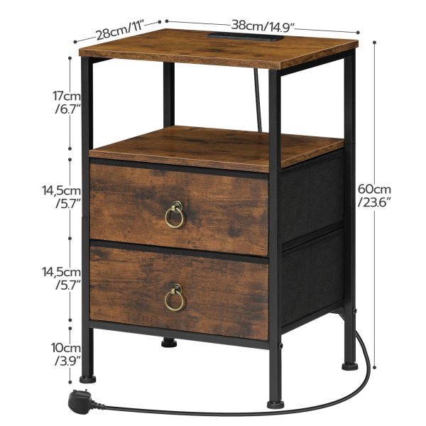 Tavolino con stazione di ricarica, Comodino Comodino Dotato di 2 Porte USB & 1 Presa di corrente, Tavolino con 2 Cassetti in tessuto, Tavolo portaoggetti multifunzionale per piccoli spazi, Marrone rustico & Nero