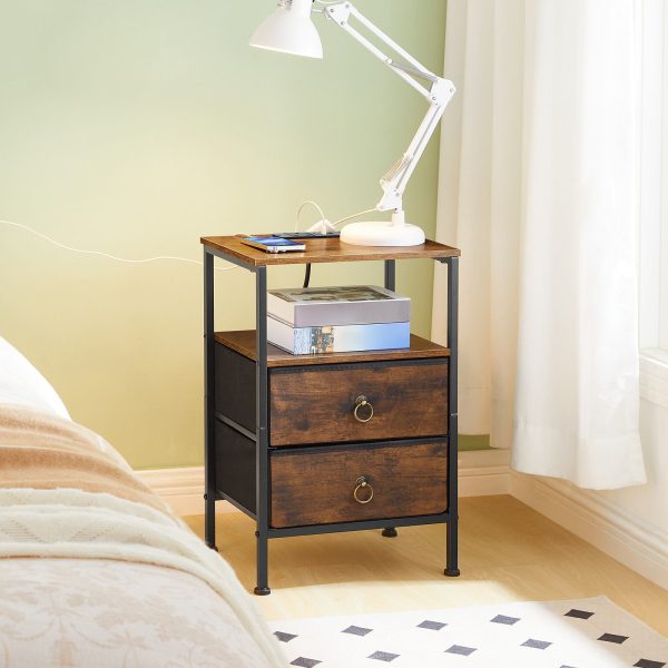 Tavolino con stazione di ricarica, Comodino Comodino Dotato di 2 Porte USB & 1 Presa di corrente, Tavolino con 2 Cassetti in tessuto, Tavolo portaoggetti multifunzionale per piccoli spazi, Marrone rustico & Nero