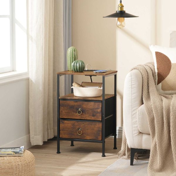 Tavolino con stazione di ricarica, Comodino Comodino Dotato di 2 Porte USB & 1 Presa di corrente, Tavolino con 2 Cassetti in tessuto, Tavolo portaoggetti multifunzionale per piccoli spazi, Marrone rustico & Nero