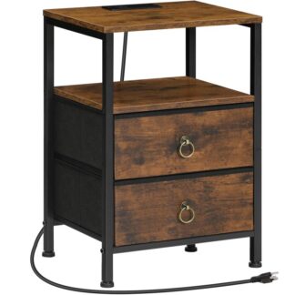 Nachtkastje met laadstation, Nachtkastje met 2 Stoffen laden, Bijzettafel met stopcontact en USB-poorten, Bijzettafel met open en verborgen opbergruimte, Rustiek bruin