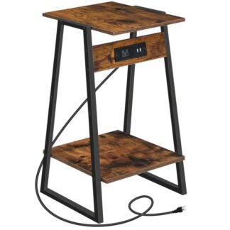 End Table with Charging Station and USB Ports, 2-Tier Nightstand with Storage Shelf, Narrow Side Table for Small Space, Living Room, Bedroom, Rustic Brown and Black