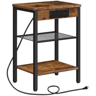 table de fin avec station de charge et ports USB, 3-Tablette de nuit avec étagère réglable, table d'appoint étroite pour un petit espace dans le salon, chambre et balcon, marron rustique