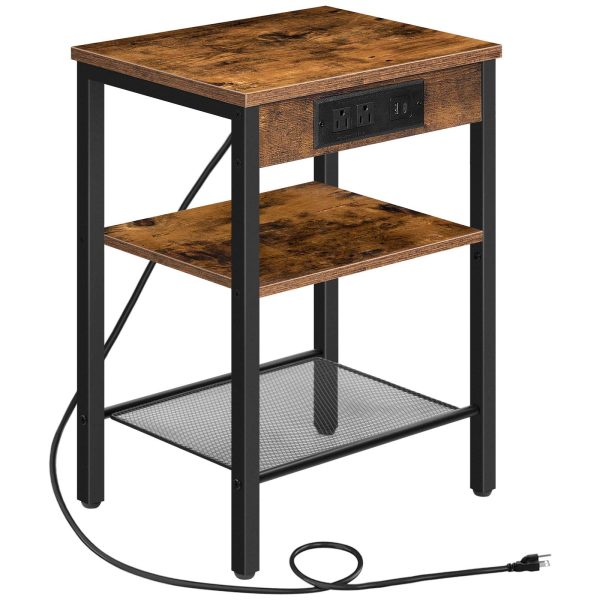 Rustic Brown 3-Tier Narrow Side Table with Charging Station, Multifunctional Nightstand with Adjustable Shelves, Suitable for Small Spaces in Living Room, Spálňa a balkón