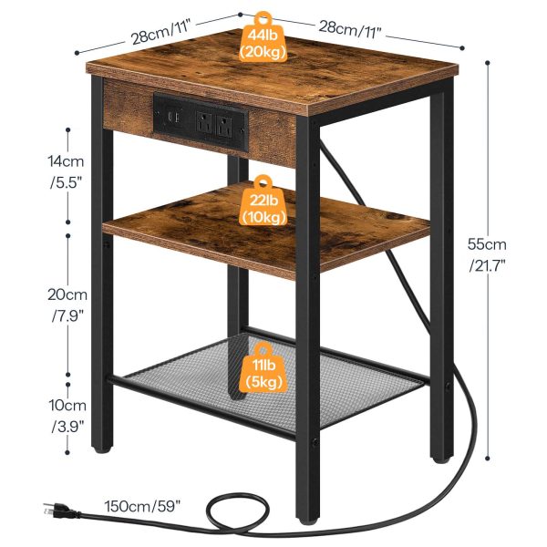 Rustic Brown 3-Tier Narrow Side Table with Charging Station, Multifunctional Nightstand with Adjustable Shelves, Suitable for Small Spaces in Living Room, Spálňa a balkón