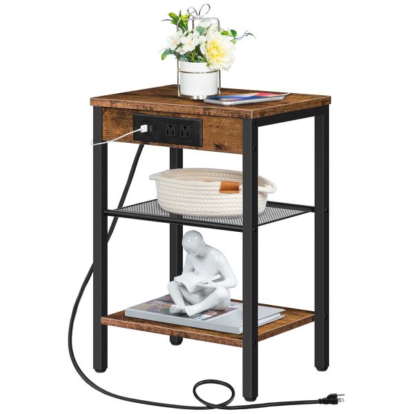 Rustic Brown 3-Tier Narrow Side Table with Charging Station, Multifunctional Nightstand with Adjustable Shelves, Suitable for Small Spaces in Living Room, Spálňa a balkón